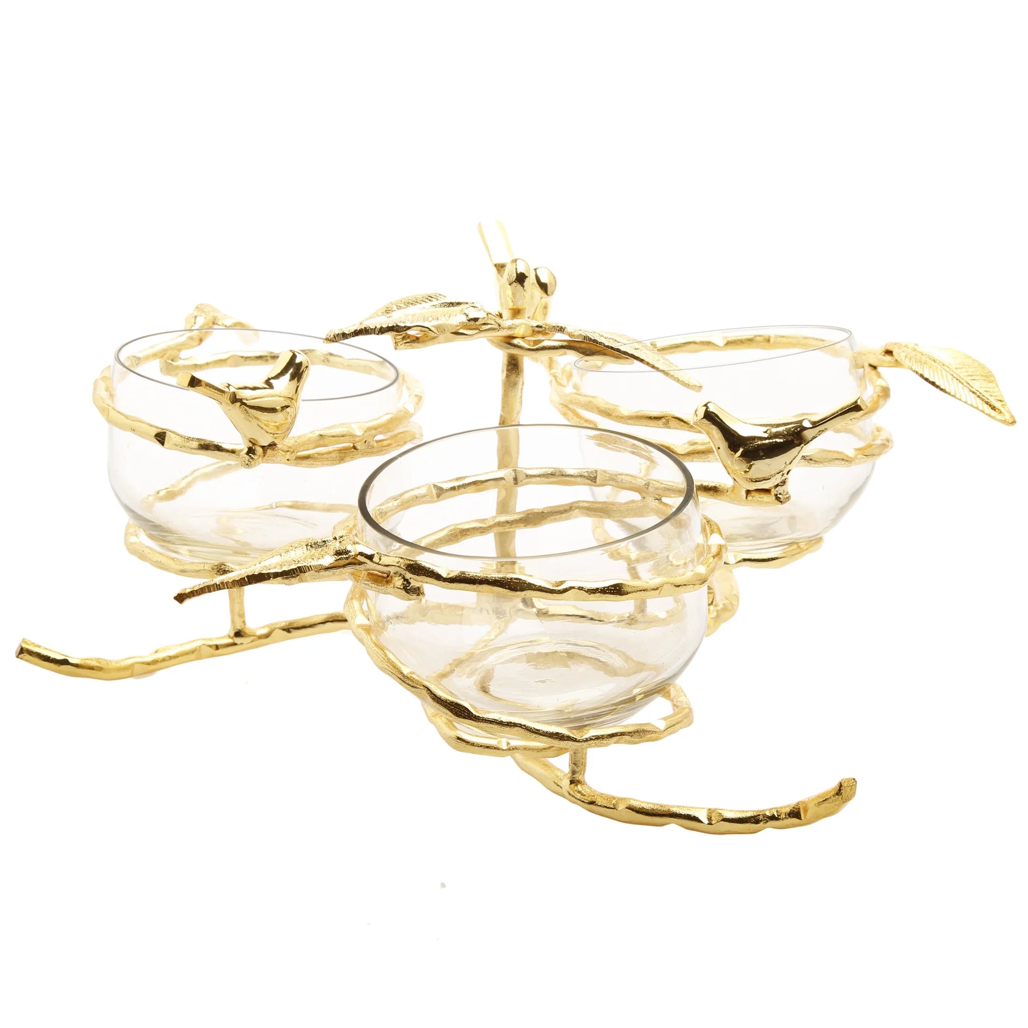 Gold Wrapped Branch Triple Dish Holder w/ Birds