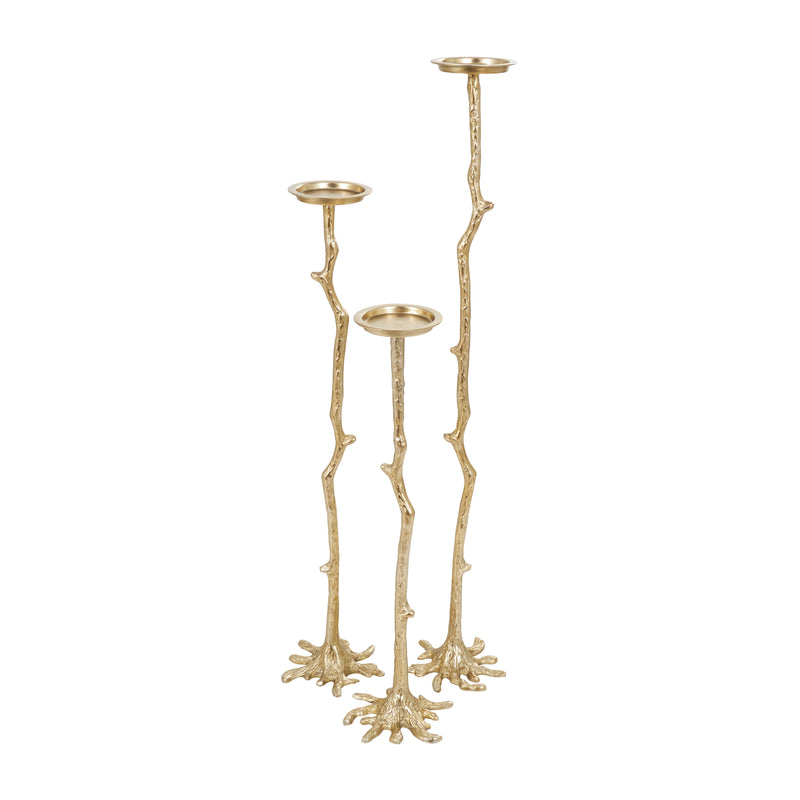 Gold Metal Abstract Tall Floor Textured Metallic Candle Holder with Stick Inspired Design ( Set of 3)