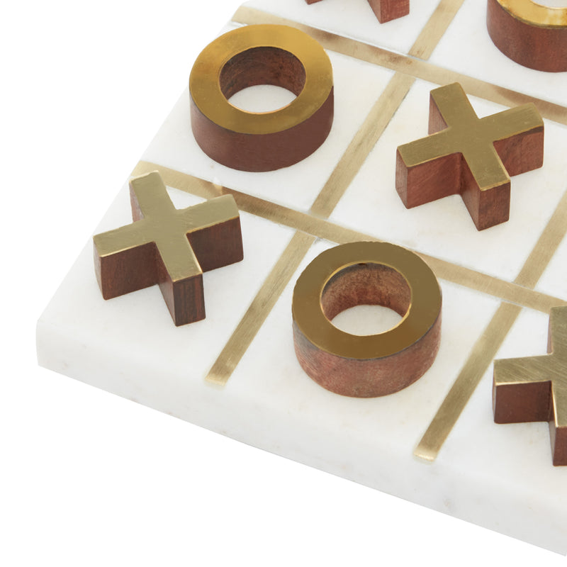 White Marble Tic Tac Toe Game Set with Gold Inlay and Wood Pieces