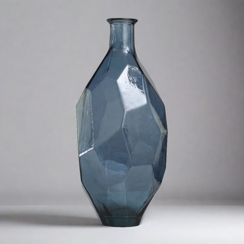 Blue Recycled Tall Glass Spanish Bottleneck Vase