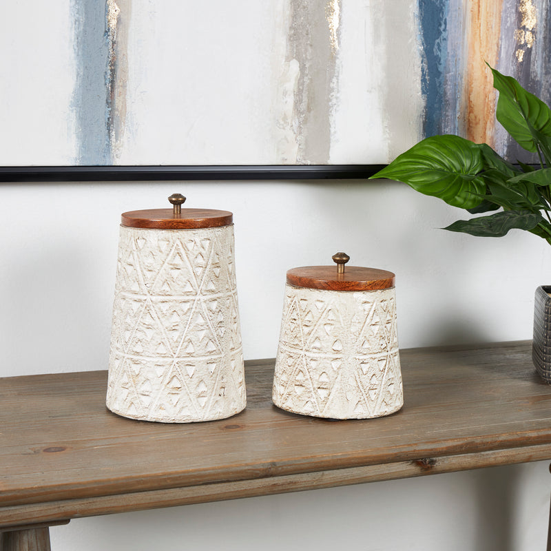 Cream Paper Mache Handmade Carved Triangle Tribal Canisters with Brown Removable Lids and Antique Knobs( Set of 2 )
