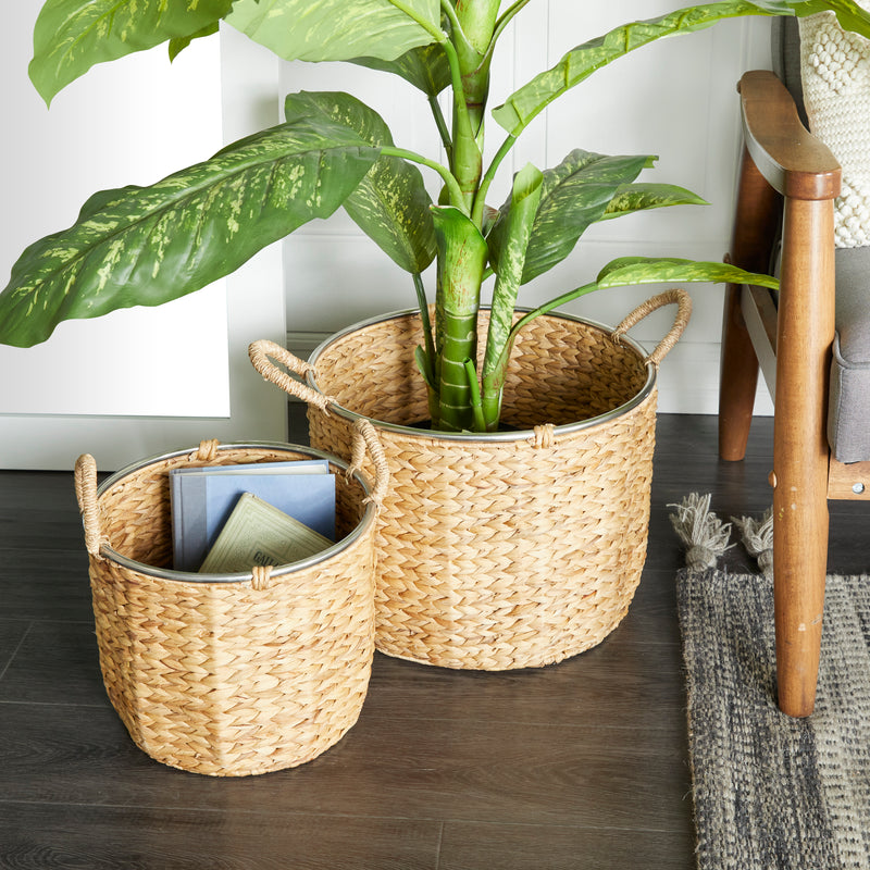 Light Brown Seagrass Handmade Storage Basket with Handles (Set of 2)