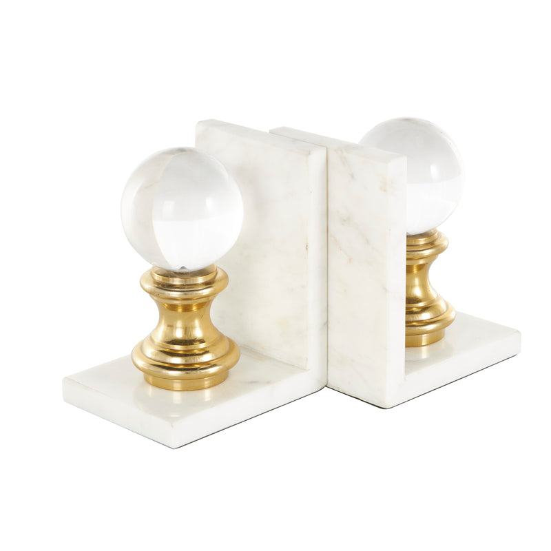 White Marble  Bookends with Glass Orbs and Gold Accents, Set of 2
