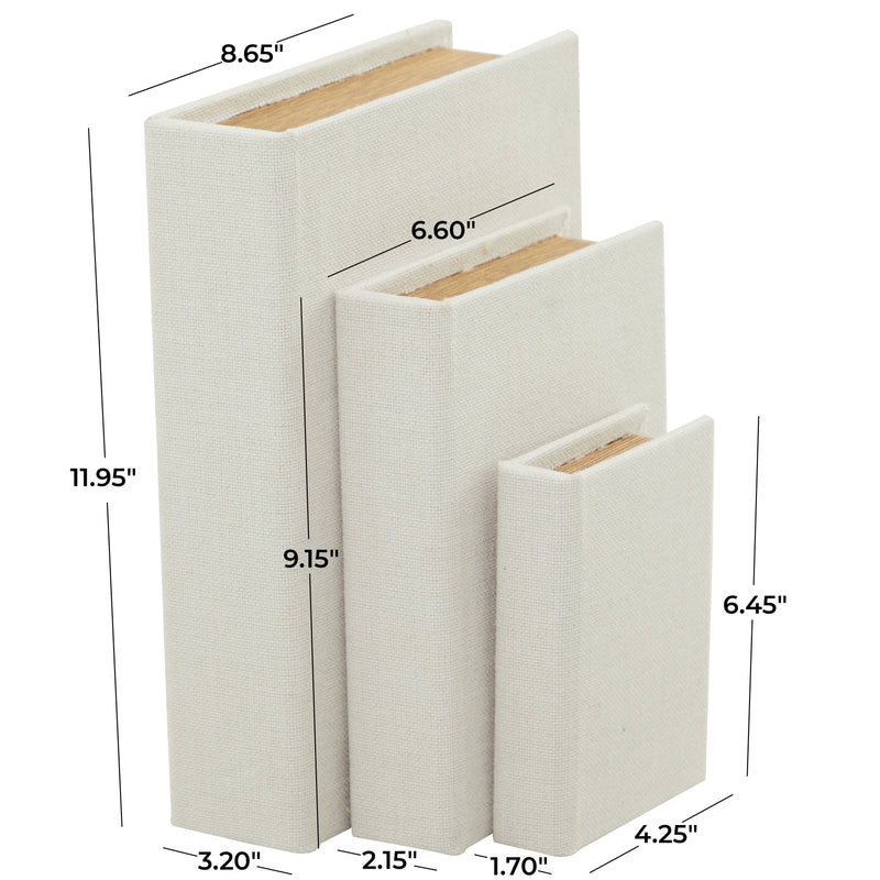 White Linen Fabric Faux Storage Book Box, Set of 3