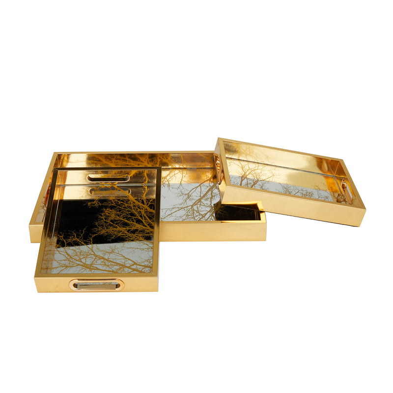 Gold  Mirrored Nature Print Tray ( Set of 3 )