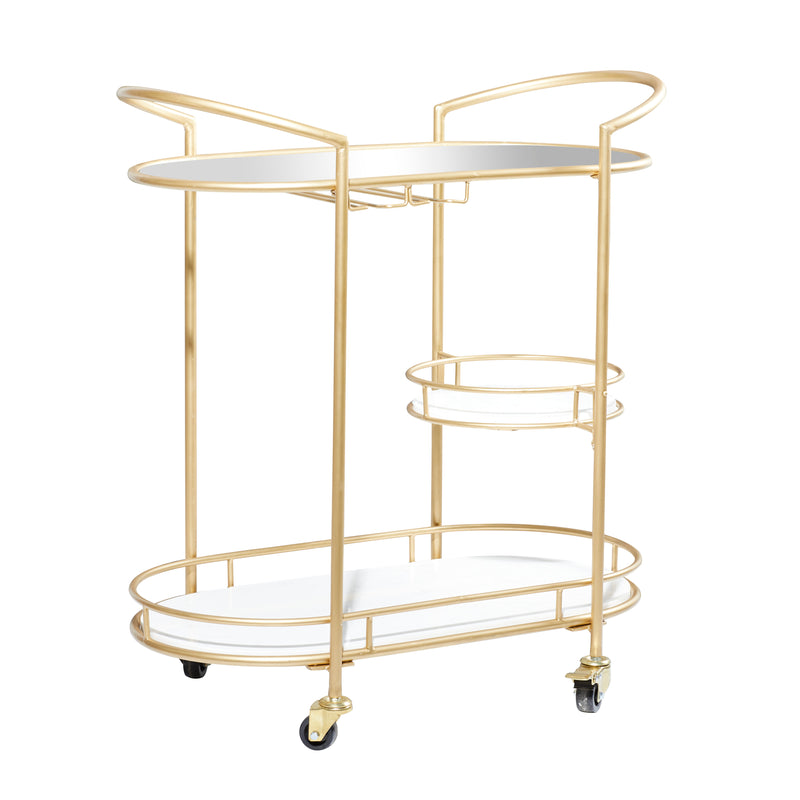 Gold Metal Rolling 1 Glass and 2 Marble Shelves Bar Cart with Lockable Wheels and Mirrored Top