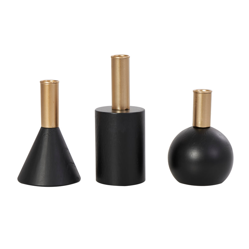 Black Wood Geometric Candle Holder with Gold Accents, Set of 3