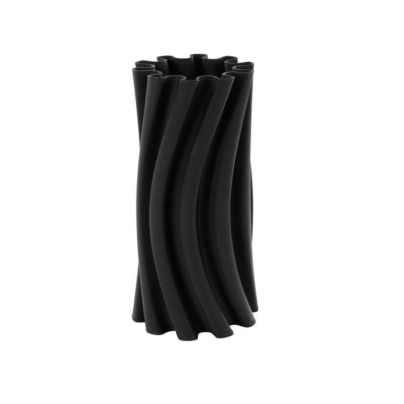 Modern Black Ceramic Abstract Curvy Ribbed Vase with Floral Shaped Rim