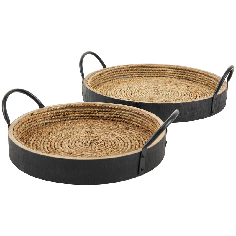 Brown Wooden Coiled Tray with Black Metal Handles, Set of 2