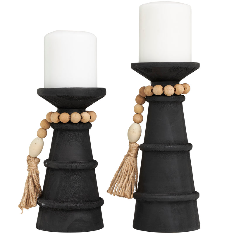 Black Wood Handmade Textured Matte Candle Holder with Bead Garland ( Set of 2 )