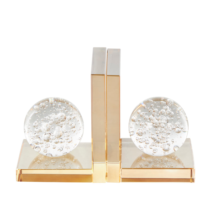Gold Glass Geometric Bookends with Clear Orb and Bubble Texturing,