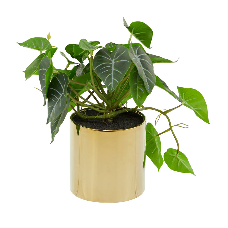 Green Faux Artificial Plant and Gold Porcelain Pot