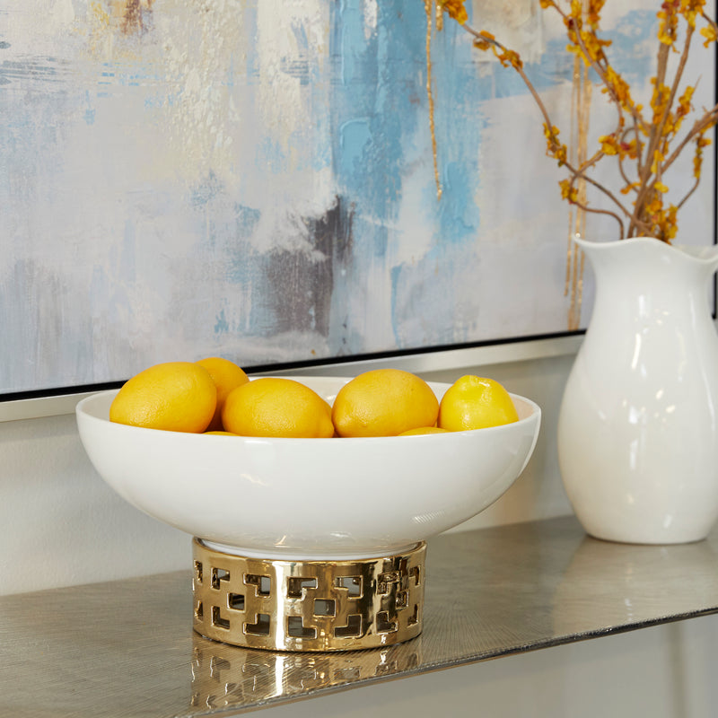 Extra Large White Ceramic Bowl with Gold Cutout Detail