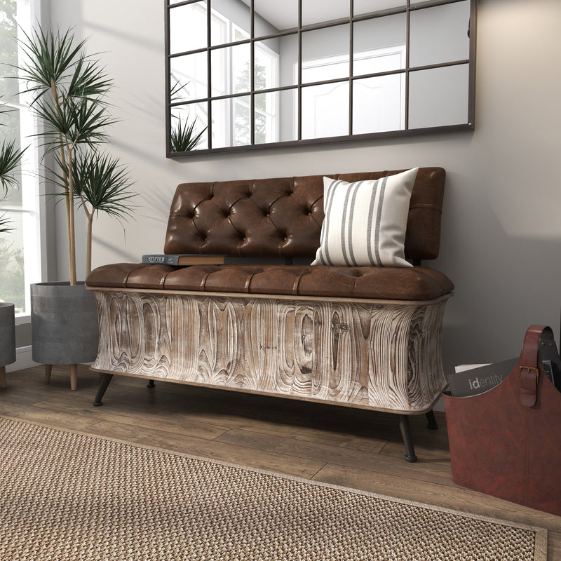 Wood Storage Bench with Faux Leather Seat and Back