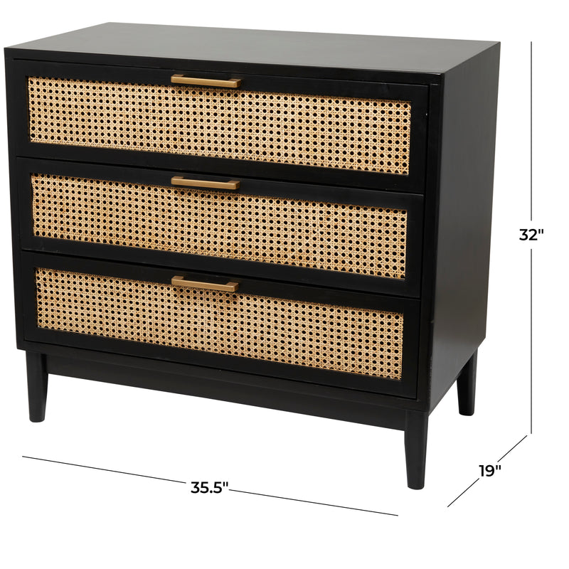 Wood 3 Drawer Cabinet with Cane Front Drawers and Gold Handles