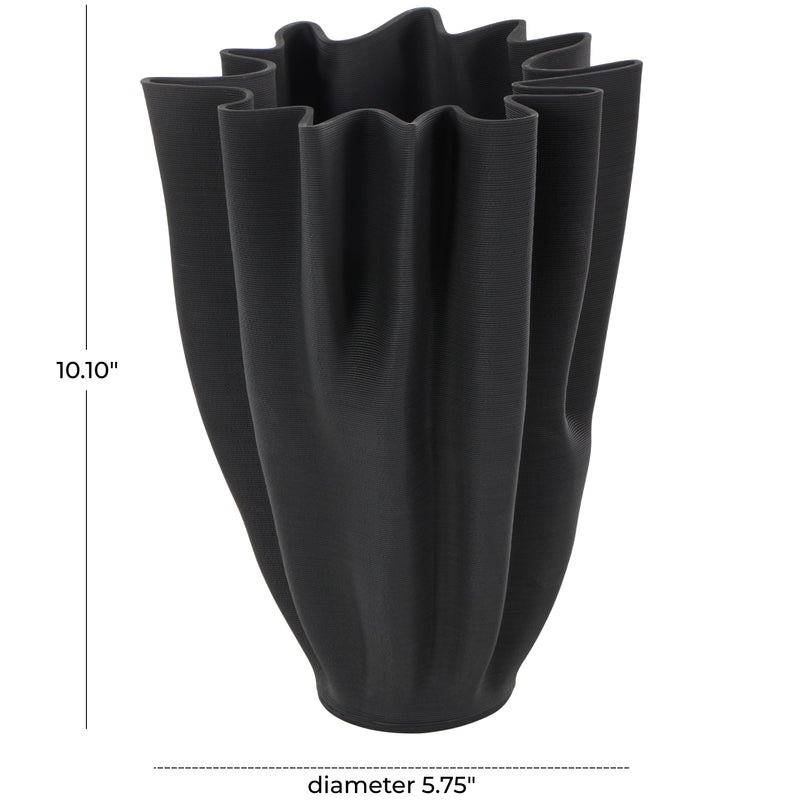 Modern Black Ceramic Abstract Dimensional Ribbed Tulip Vase with Angular Rim
