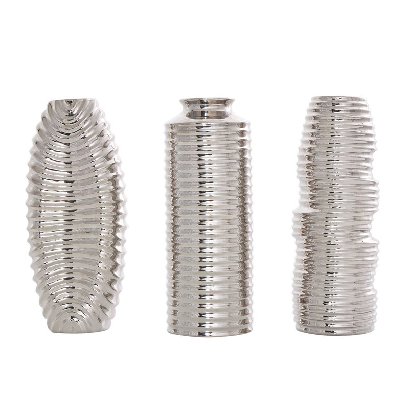 Ceramic  Dimensional Ribbed Vase with Varying Shapes (Set of 3)