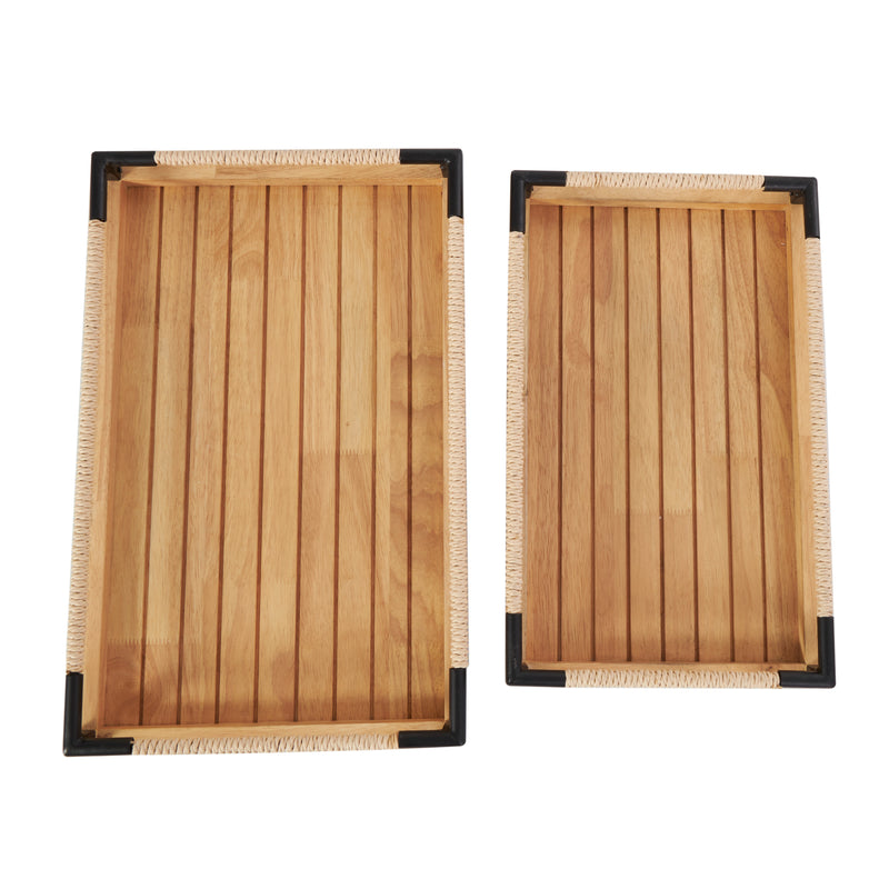 Brown Wood  Slatted Tray with Elevated Woven Sides and Black Metal Corners (Set of 2)