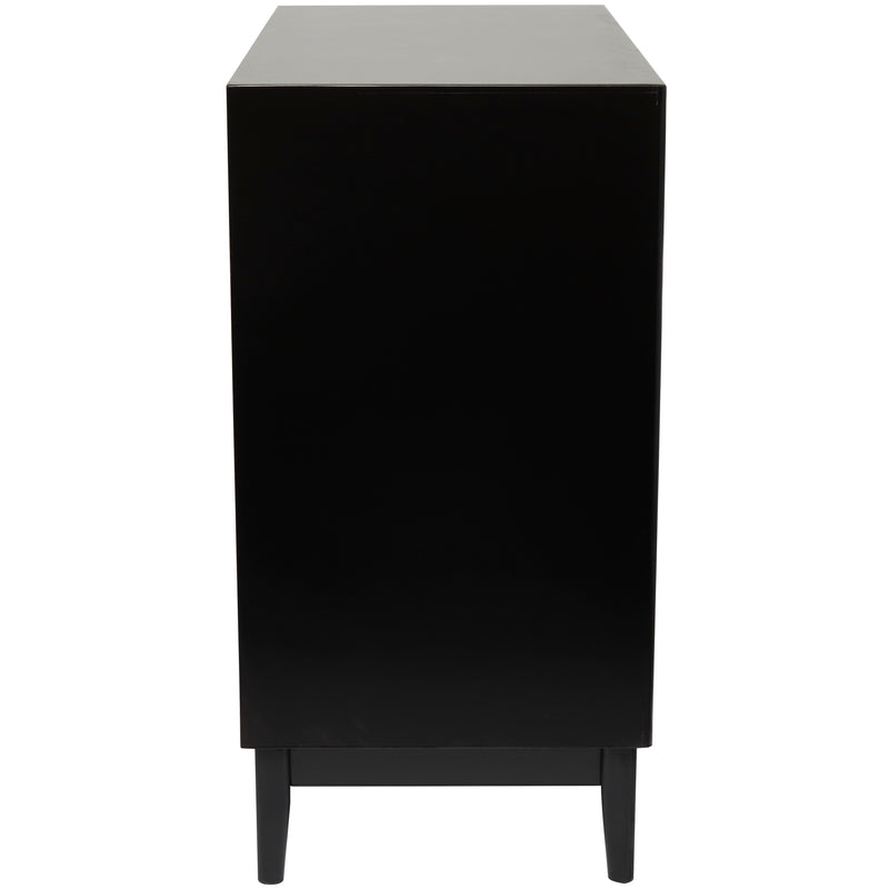 Black Wood Cabinet with Cane Front Doors and Gold Handles