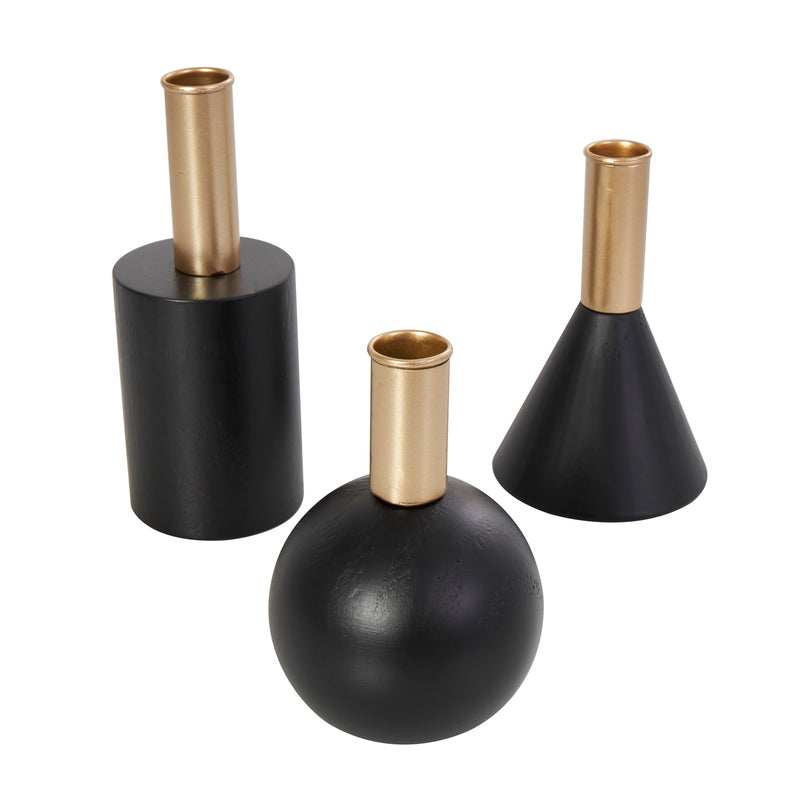 Black Wood Geometric Candle Holder with Gold Accents, Set of 3