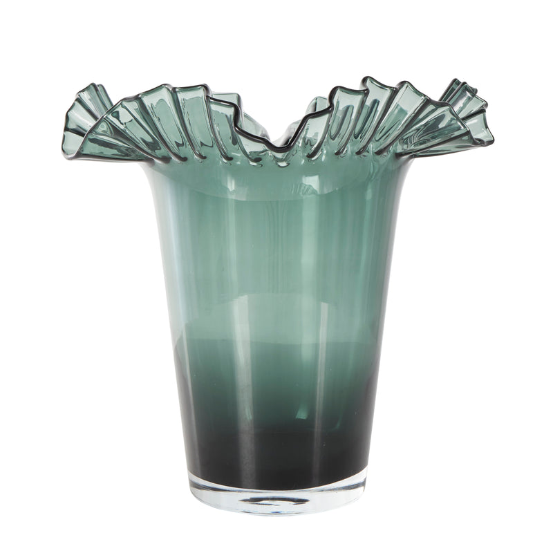 Large Green Glass Floral Tulip Inspired Ombre Vase with Wavy Opening