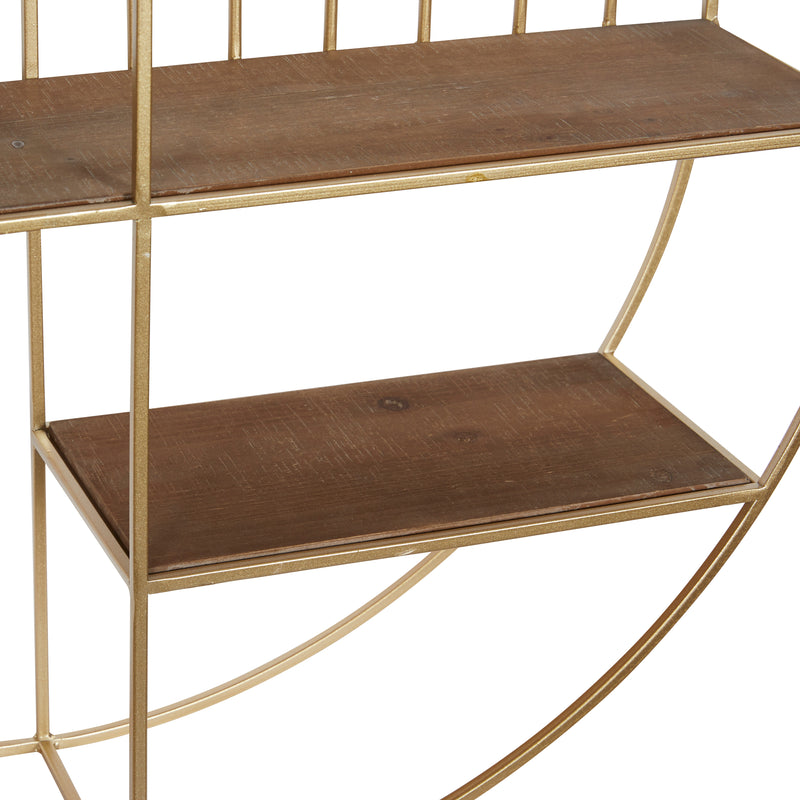 Gold Metal Geometric Circle Wall Shelf with 3 Wood Shelves and Linear Rods