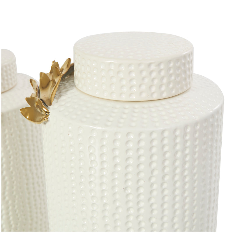White Ceramic  Decorative Jars with Abstract Spotted Pattern and Gold Leaf Accents (Set of 2)