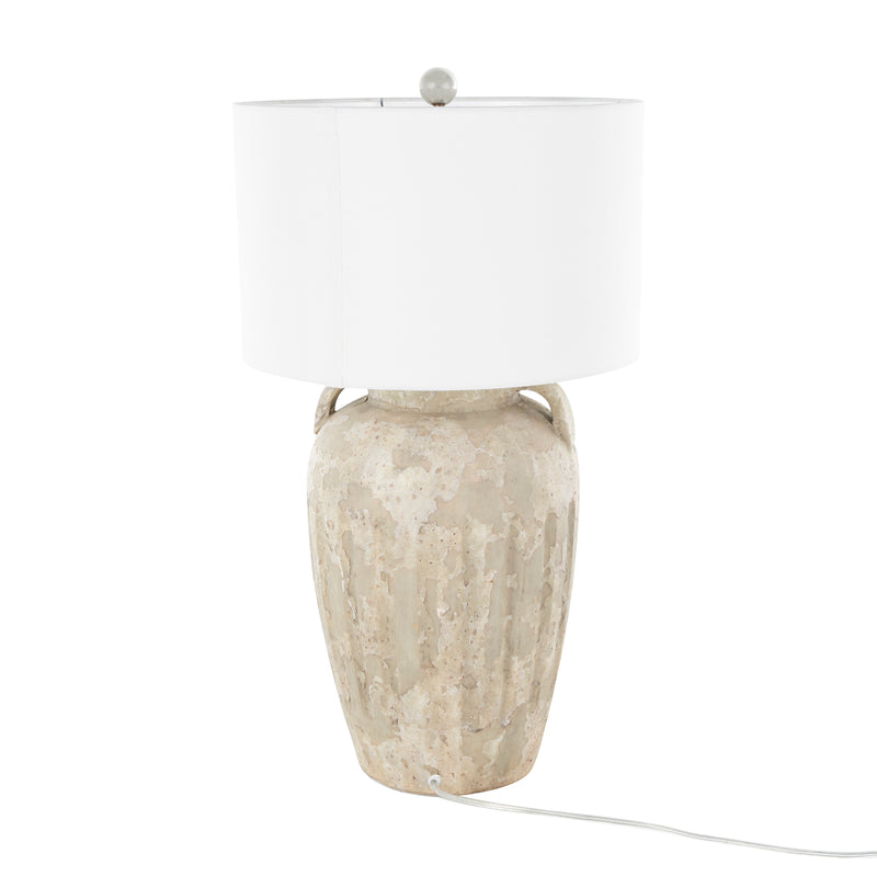 Cream Ceramic  Distressed Antique Style Pot Vase Table Lamp with Cream Linen Shade and Textured Grooves