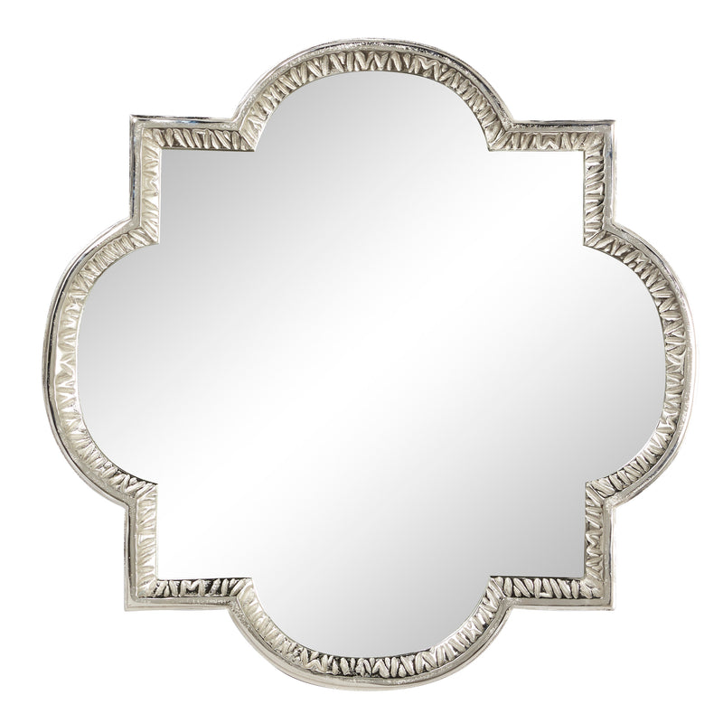 Silver Metal  Quatrefoil Engraved Wall Mirror