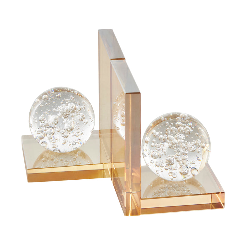 Gold Glass Geometric Bookends with Clear Orb and Bubble Texturing,