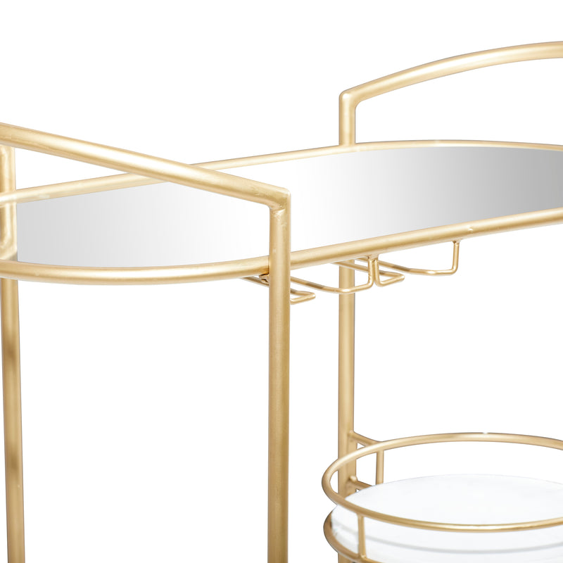 Gold Metal Rolling 1 Glass and 2 Marble Shelves Bar Cart with Lockable Wheels and Mirrored Top