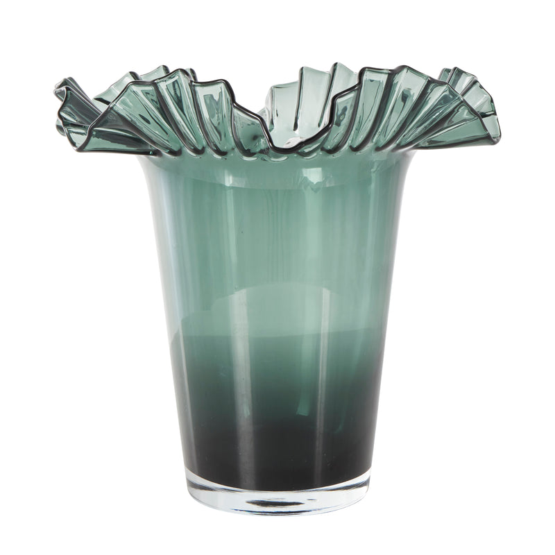 Large Green Glass Floral Tulip Inspired Ombre Vase with Wavy Opening