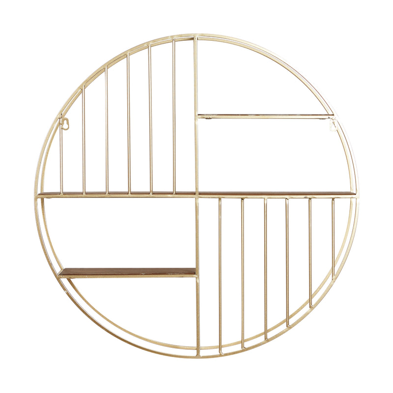 Gold Metal Geometric Circle Wall Shelf with 3 Wood Shelves and Linear Rods