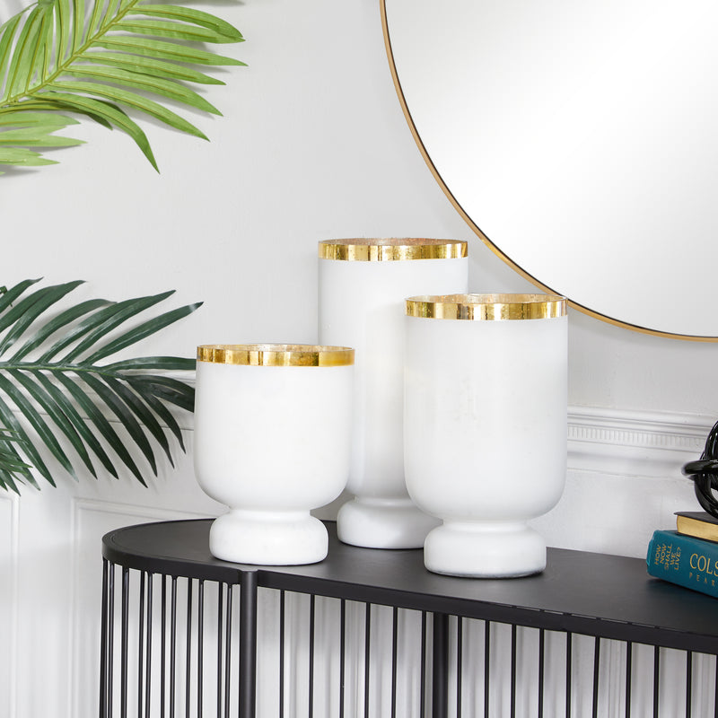White Glass Pillar Hurricane Lamp with Gold Interior (Set of 3)