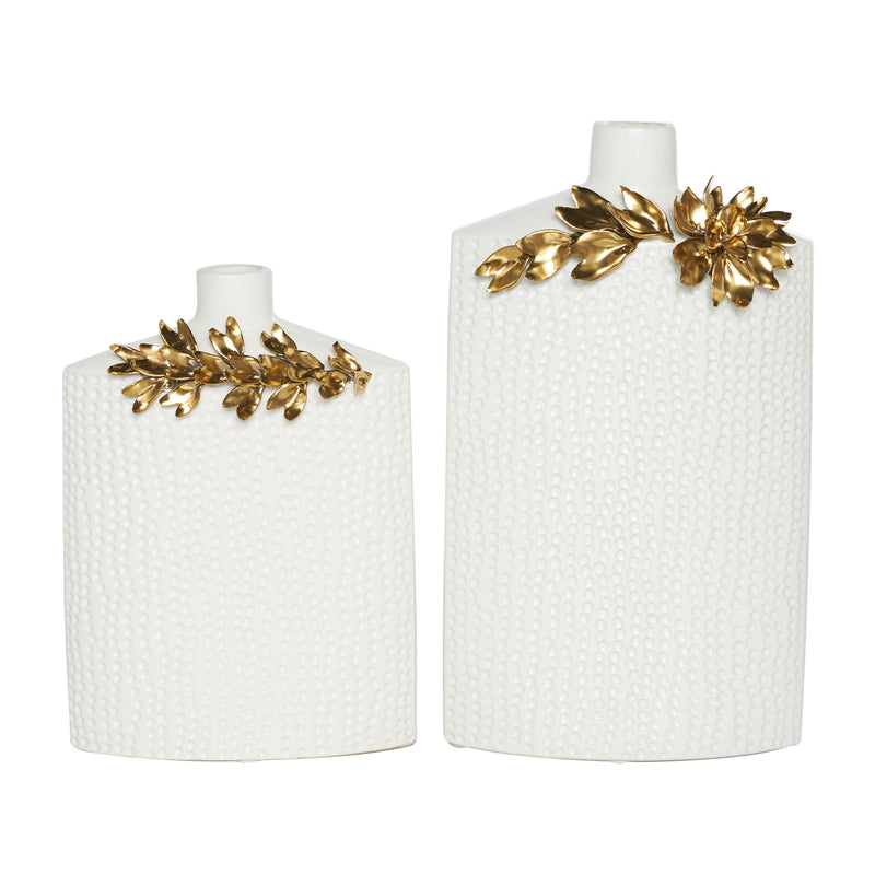 White Ceramic  Vase with Abstract Spotted Pattern and Gold Leaf Accents (Set of 2)