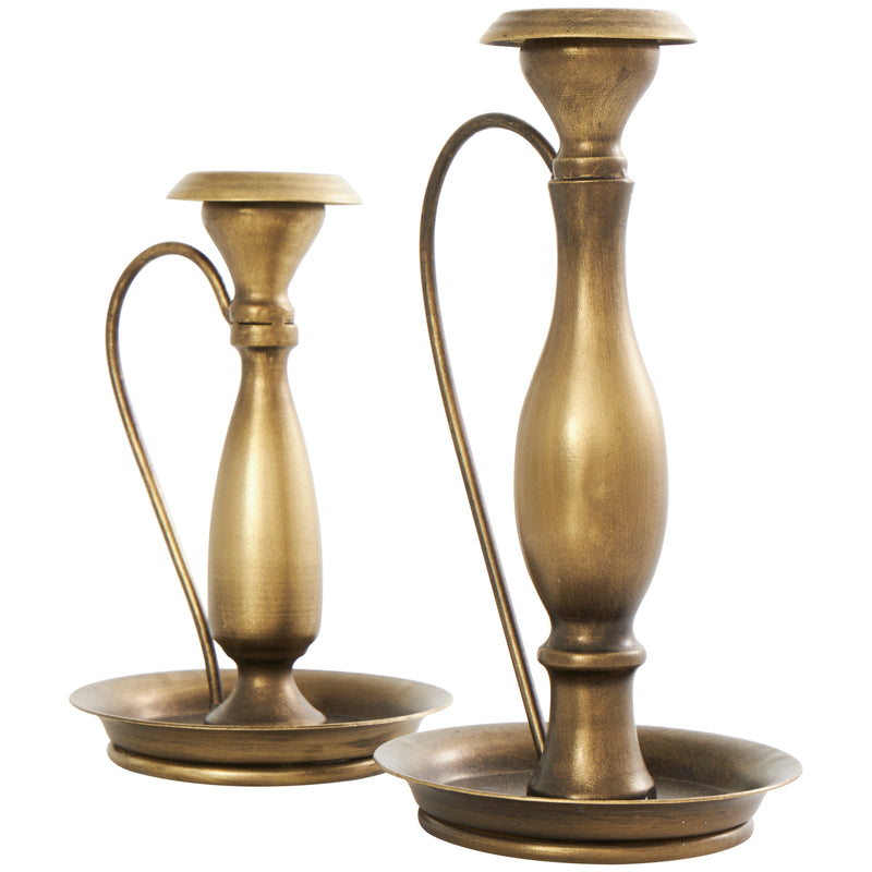 Set of 2 Bronze Metal Antique Style Candle Holder with Candle Plates and Handles