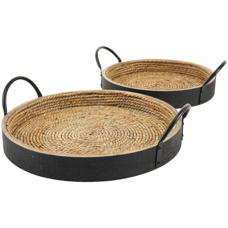 Brown Wooden Coiled Tray with Black Metal Handles, Set of 2