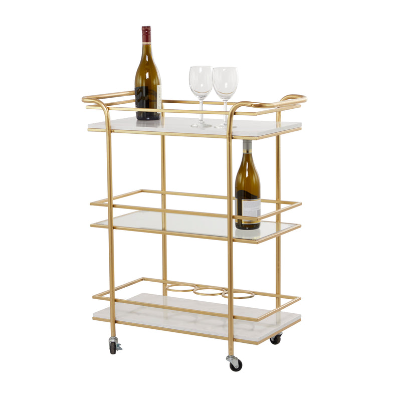 Gold Marble Rolling 1 Glass and 2 Marble Shelves Bar Cart with Handles