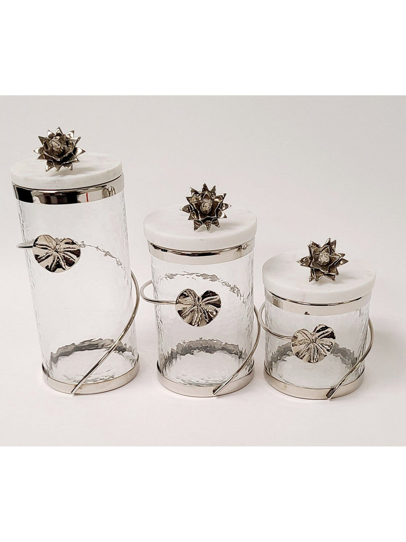 Glass Canister with Gold Leaf Design & Marble Lid with Metal Flower (3 Styles, 3 Sizes)