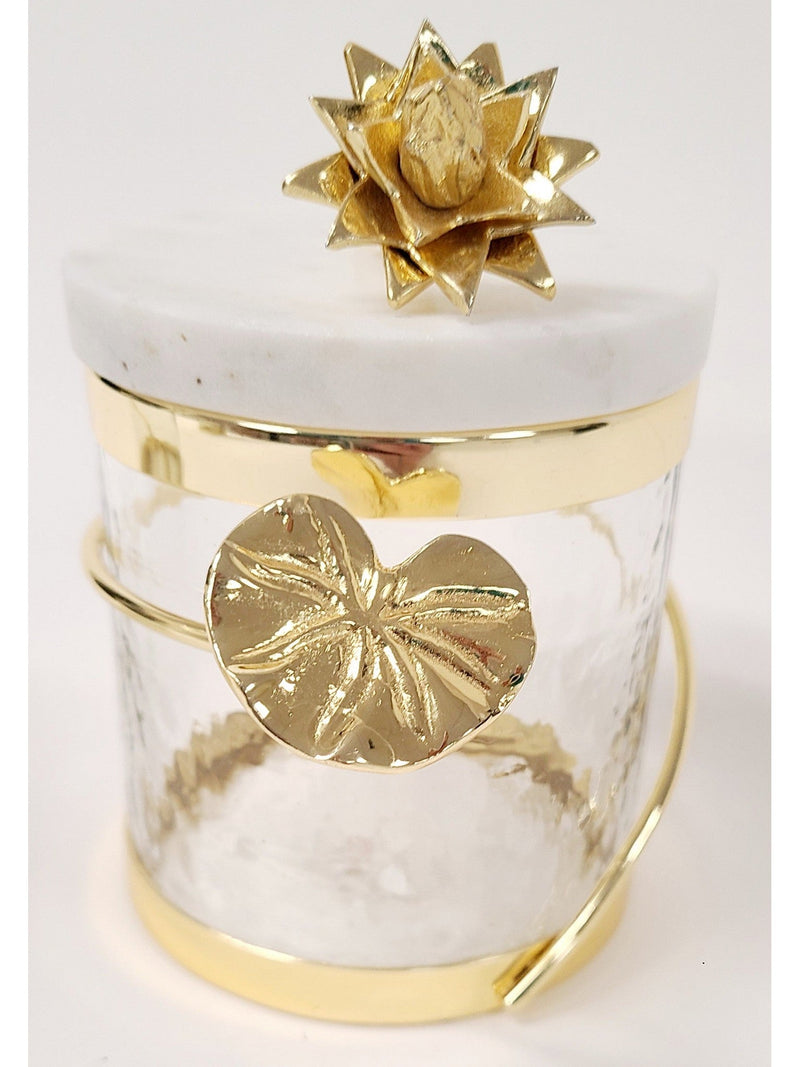 Glass Canister with Gold Leaf Design & Marble Lid with Metal Flower (3 Styles, 3 Sizes)