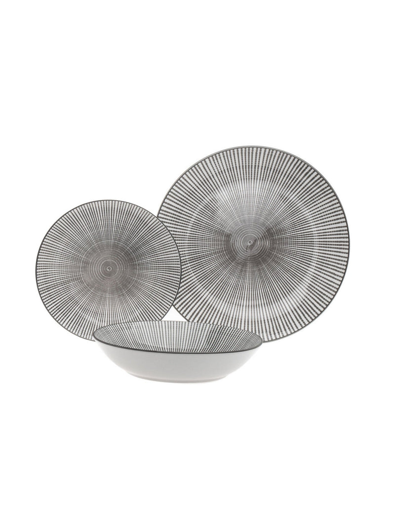 12 Piece Dark Grey & White Sunburst Design Dinnerware Set