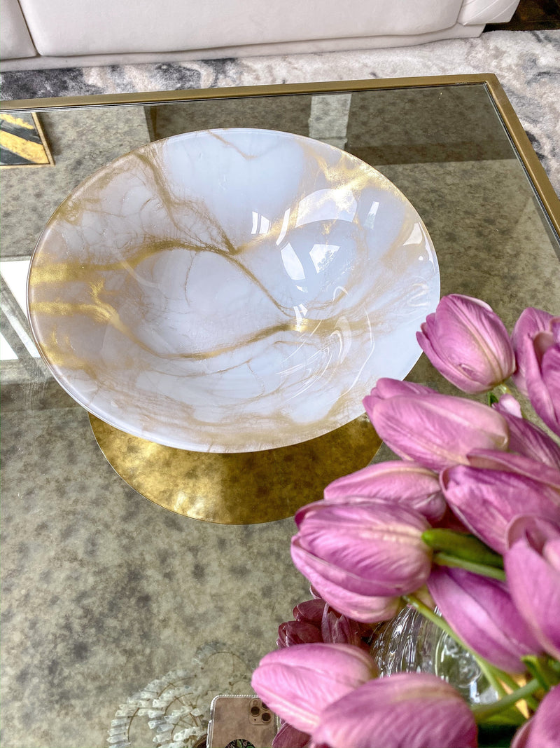 White and Gold Marbled Glass Bowl-Inspire Me! Home Decor