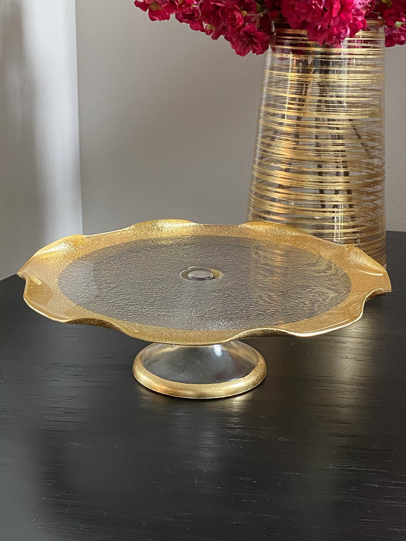 Glass Cake Stand with Gold Ruffled Edge-Inspire Me! Home Decor