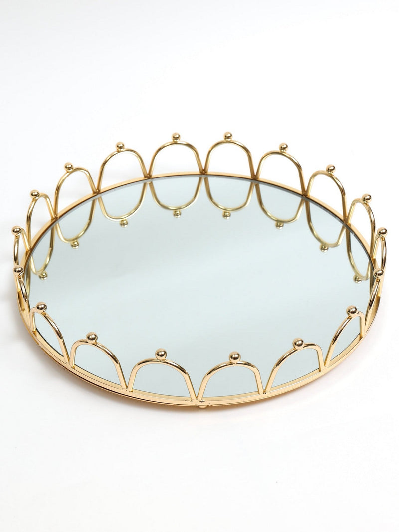 Round Decorative Mirrored Tray with Gold Circle Details