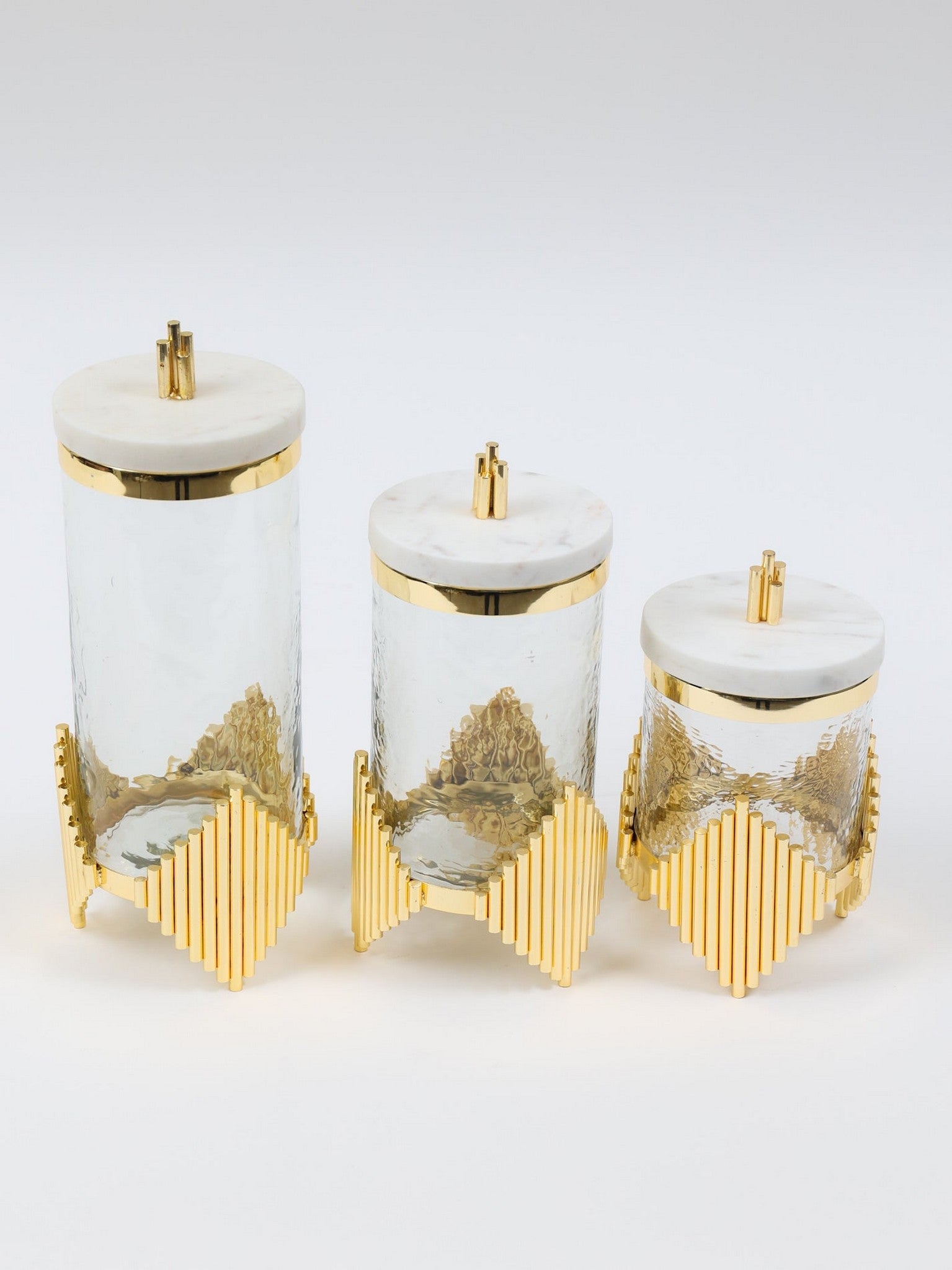 Glass Canister on Raised Base with Gold Diamond Design and Marble Lid (3 Sizes)