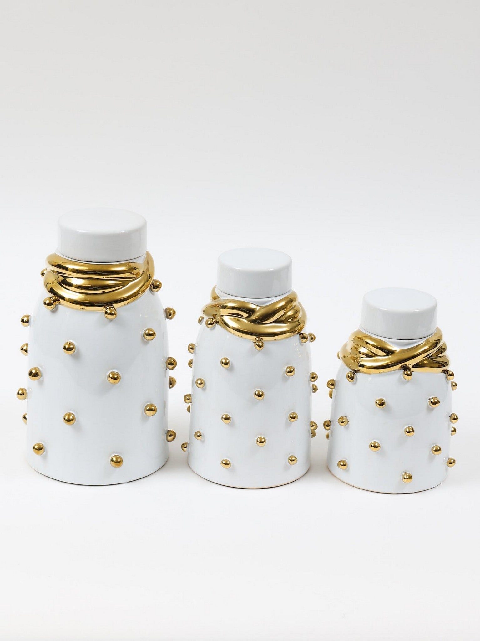 White Ceramic Gold Studded Lidded Jar with Elegant Gold Details (3 Sizes)