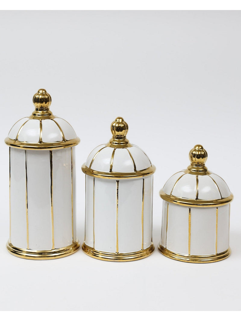 White Ceramic Lidded Jar with Gold Linear Detail (3 Sizes)