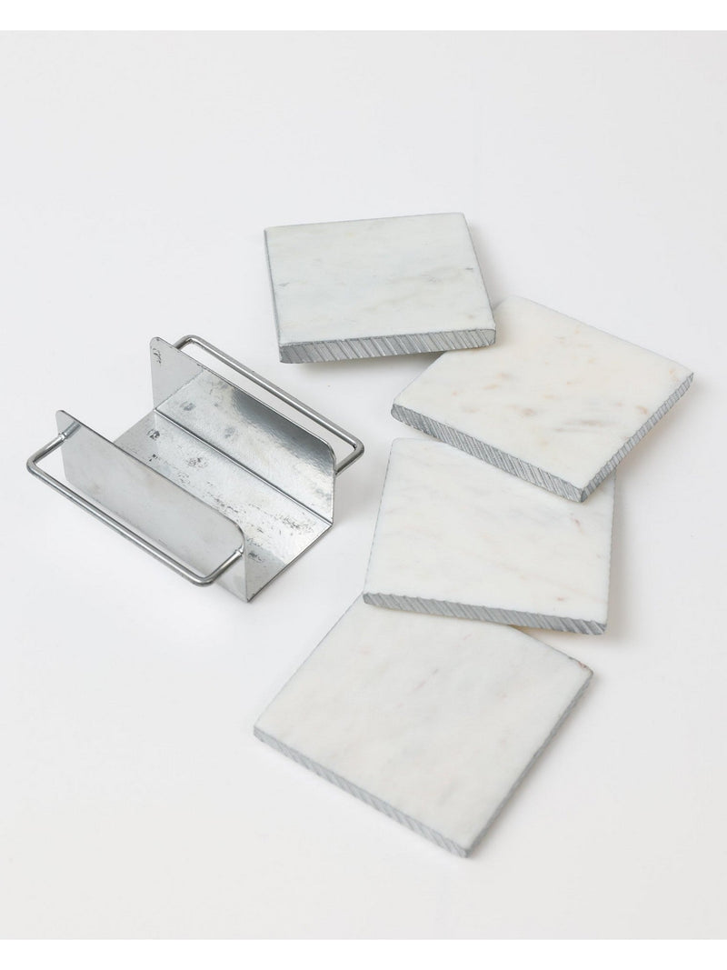 Square Marble Coasters with Silver Edge & Silver Metal Holder