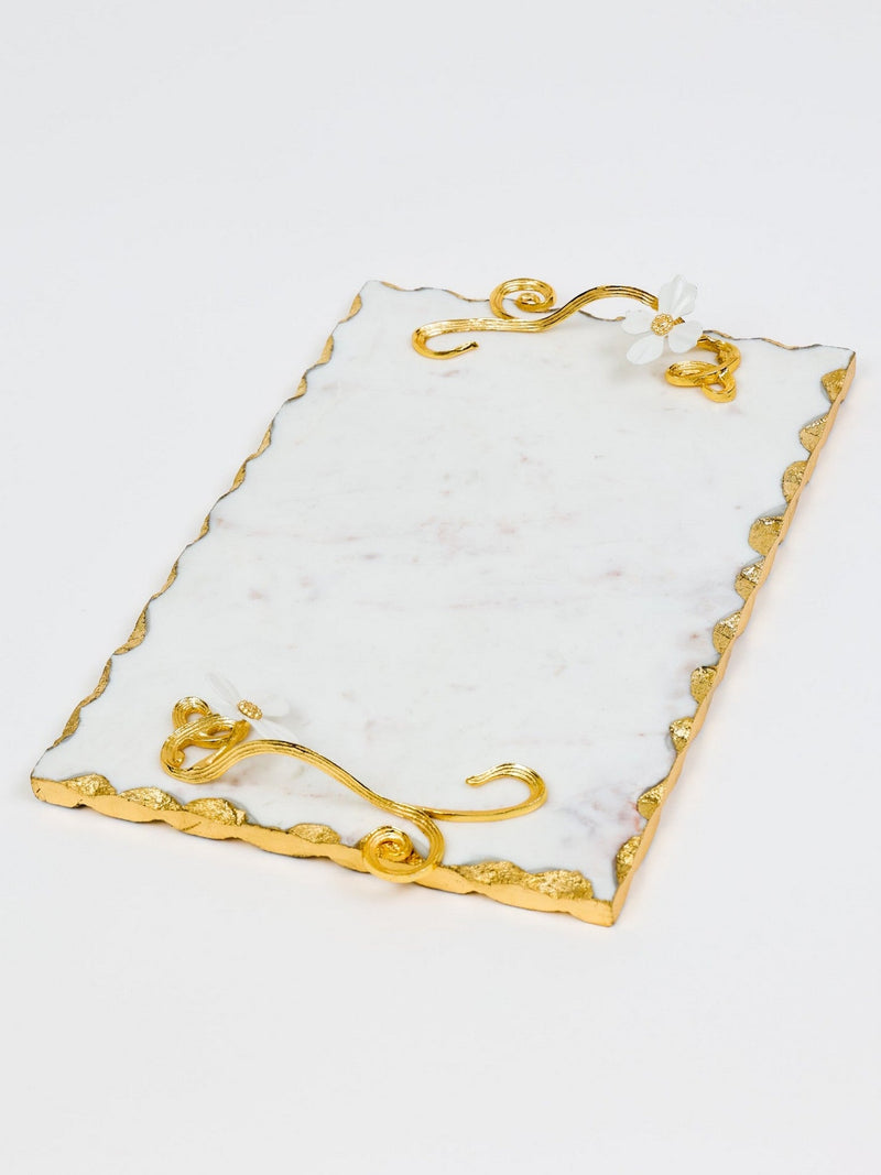 Large Rectangular Marble Tray with Intricately Detailed Gold Handles from The White Jeweled Flower Collection