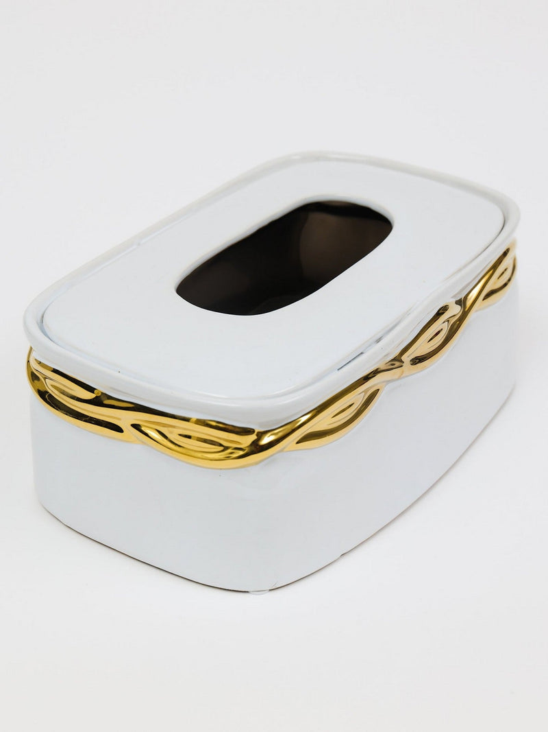 White Ceramic Tissue Box Cover with Gold Elegant Details